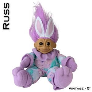 VTG Russ Luv Pet Easter Bunny Troll Doll w/ Tags 5" Girl Purple Hair Floral PJs